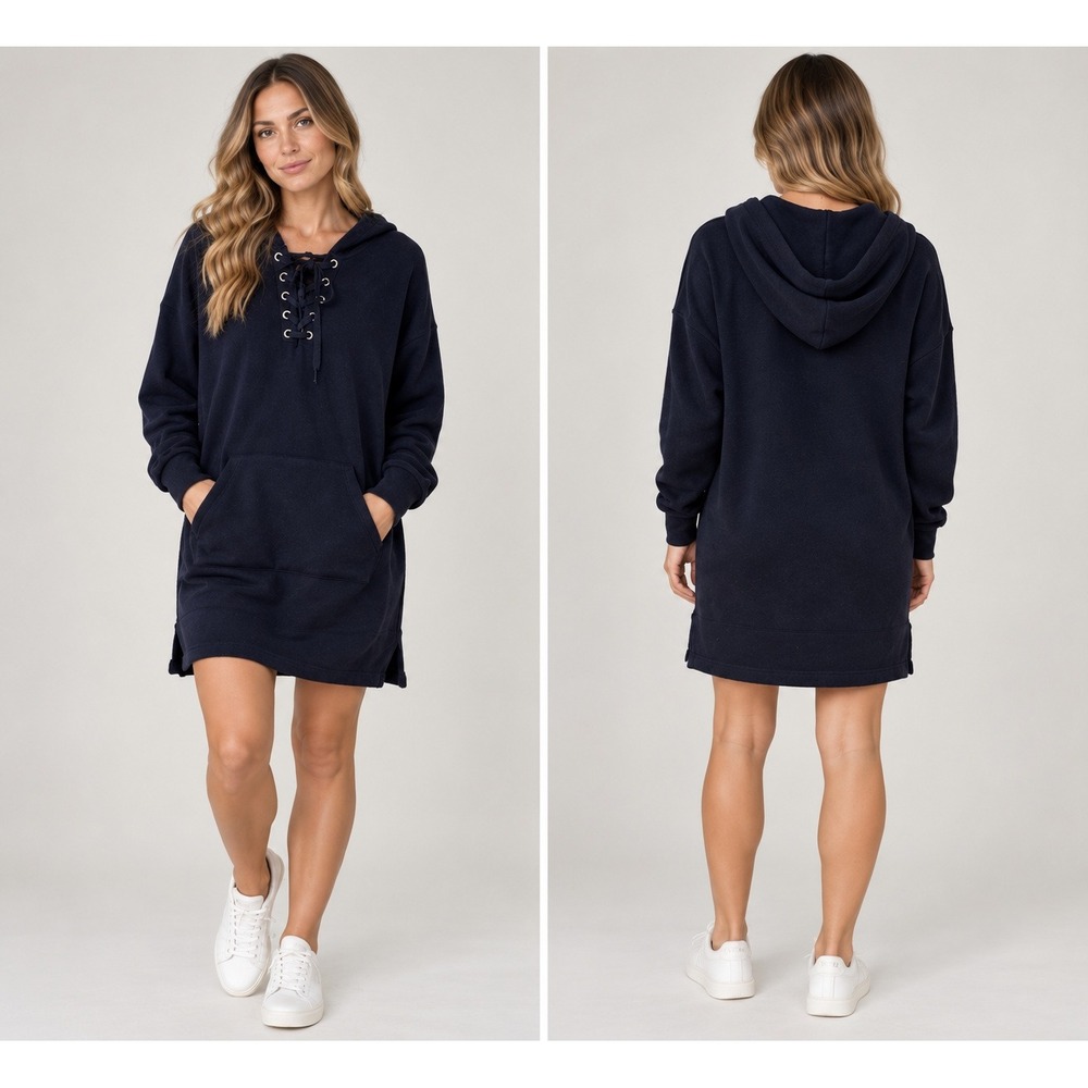FRNCH Paris Hoodie Dress Small Navy Blue Plush Lace Up Mini Sweatshirt Cozy